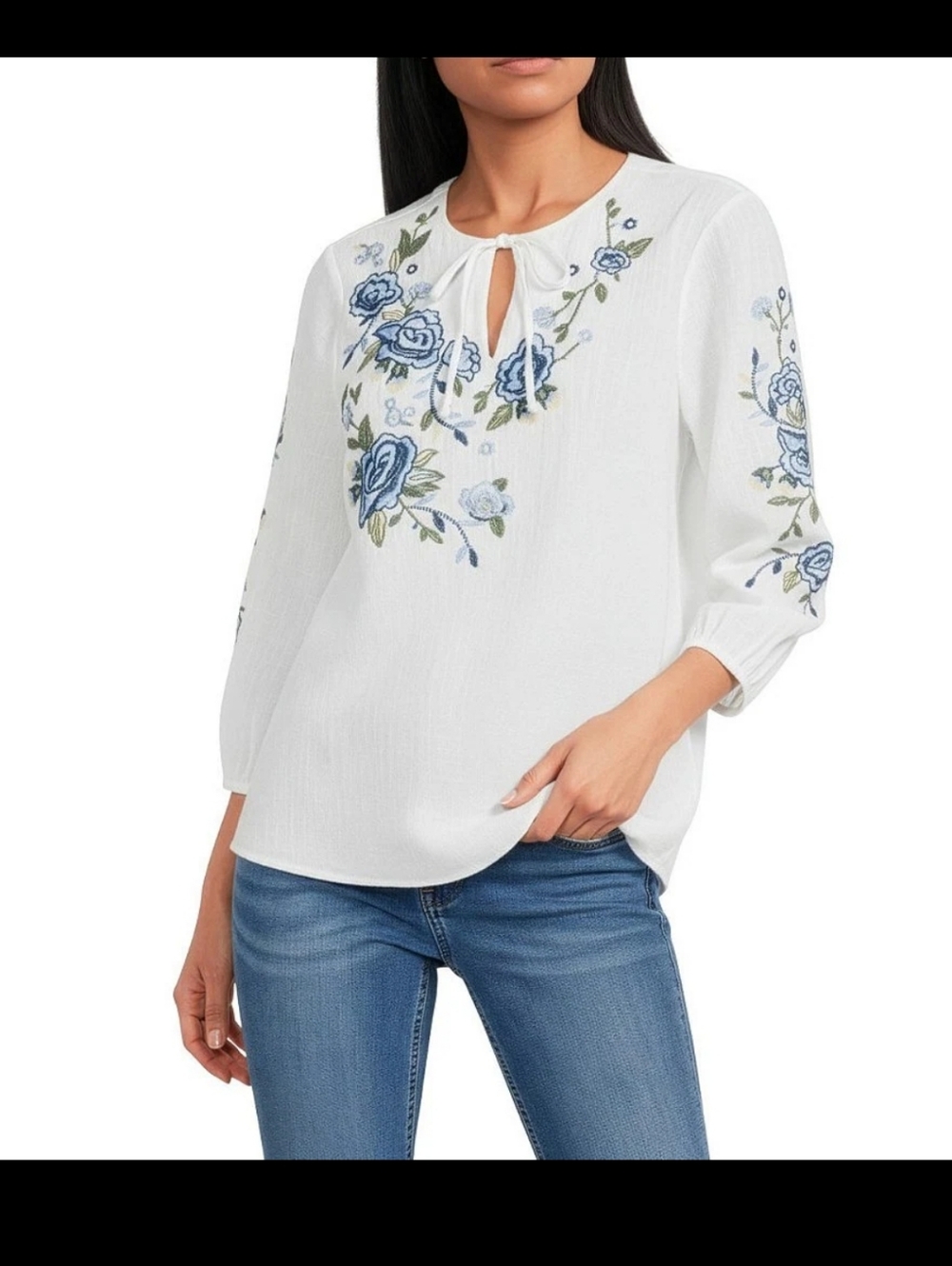 NWT Reba White Tunic with Blue Floral Embroidery, Size LARGE